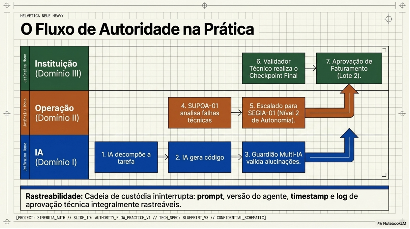 Fluxo de Autoridade na Prática — como uma solicitação transita pelos três domínios, quando é escalada e quem tem a palavra final em cada etapa