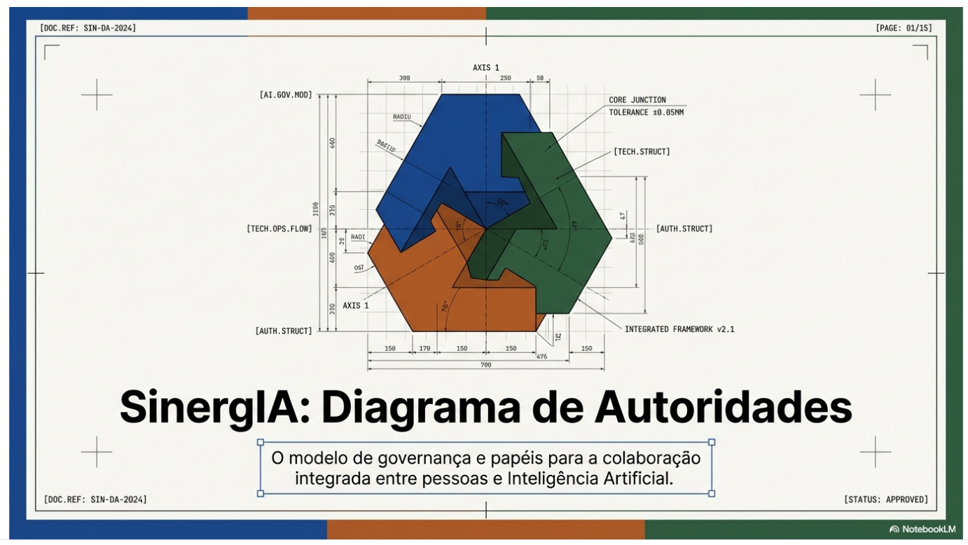 Diagrama de Autoridade SinergIA — visão estrutural das relações de autoridade entre agentes humanos, sistemas de IA e instâncias de governança