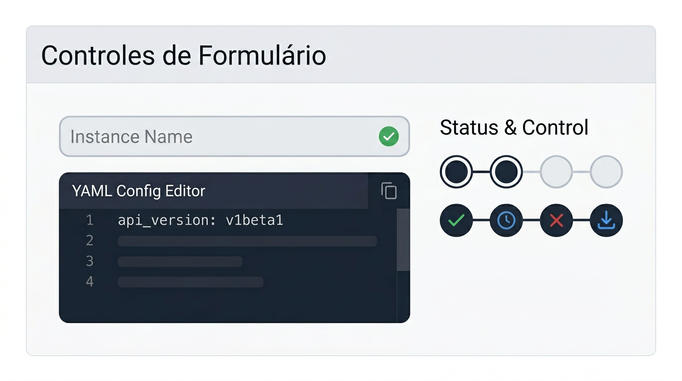 Controles de formulário — inputs, editor YAML e controles de status